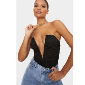 Black Woven Ruched V Wire Bandeau Bodysuit